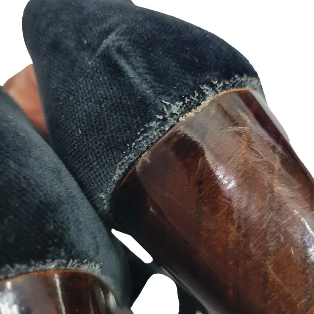 Bettye Muller Heel Wedge Black Velvet Platform Wood T Strap Peep Toe Chunky 9.5